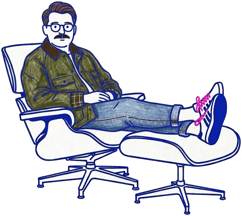 An illustration of Cameron in a lounge chair, feet up on the ottoman