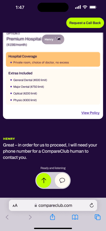 CompareClub AI advisor conversation on mobile