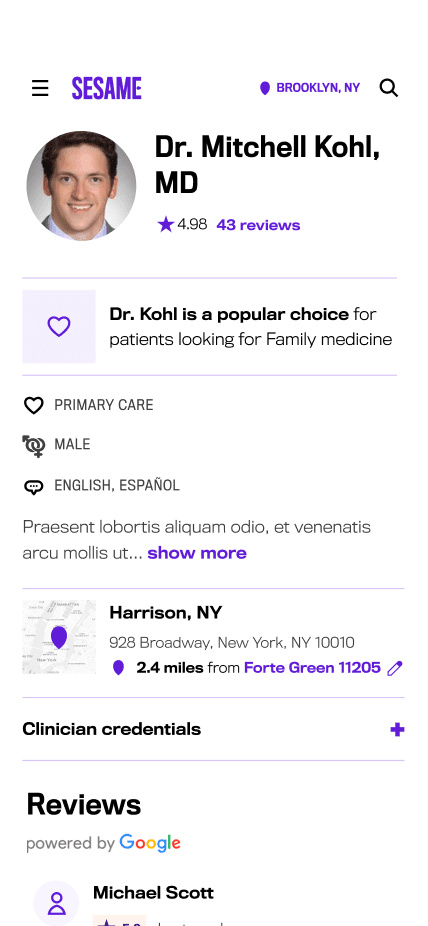 Sesame clinician profile for Dr Mitchell Kohl with pricing and reviews