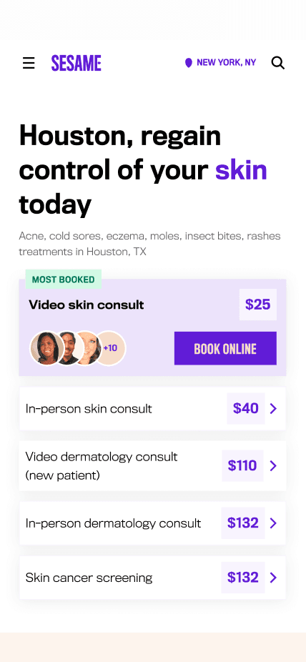 Sesame mobile landing page for skin care in Houston