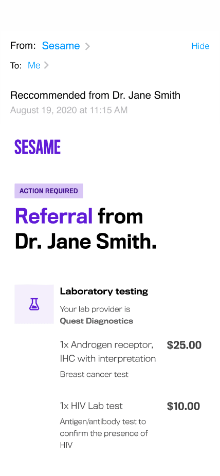 Sesame referral email from Dr Jane Smith with itemised lab pricing