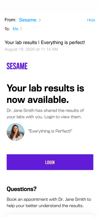 Sesame email telling the patient their lab results are available