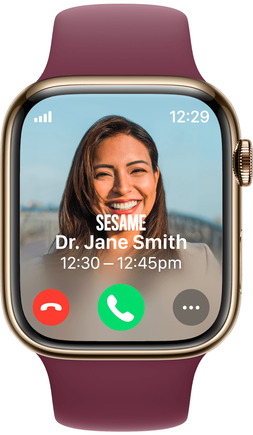 Apple Watch showing an incoming Sesame telehealth appointment