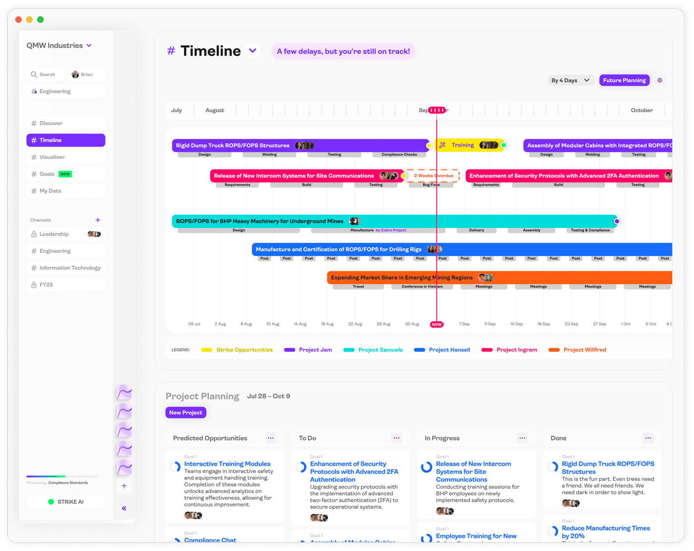 Strike Analytics planning timeline showing project delays and opportunities