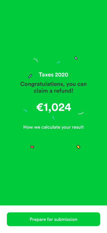 Taxfix success screen showing a 1,024 euro refund