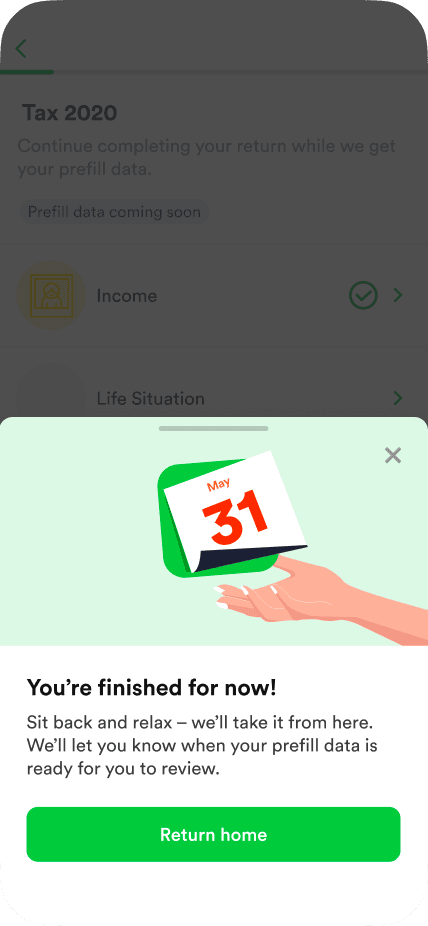 Taxfix prompt telling the user they are finished for now
