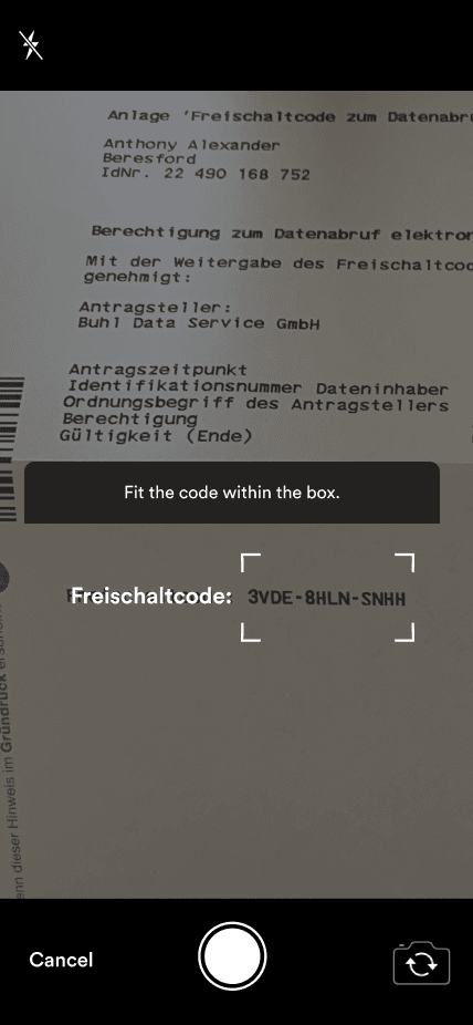 Taxfix camera view scanning the activation code