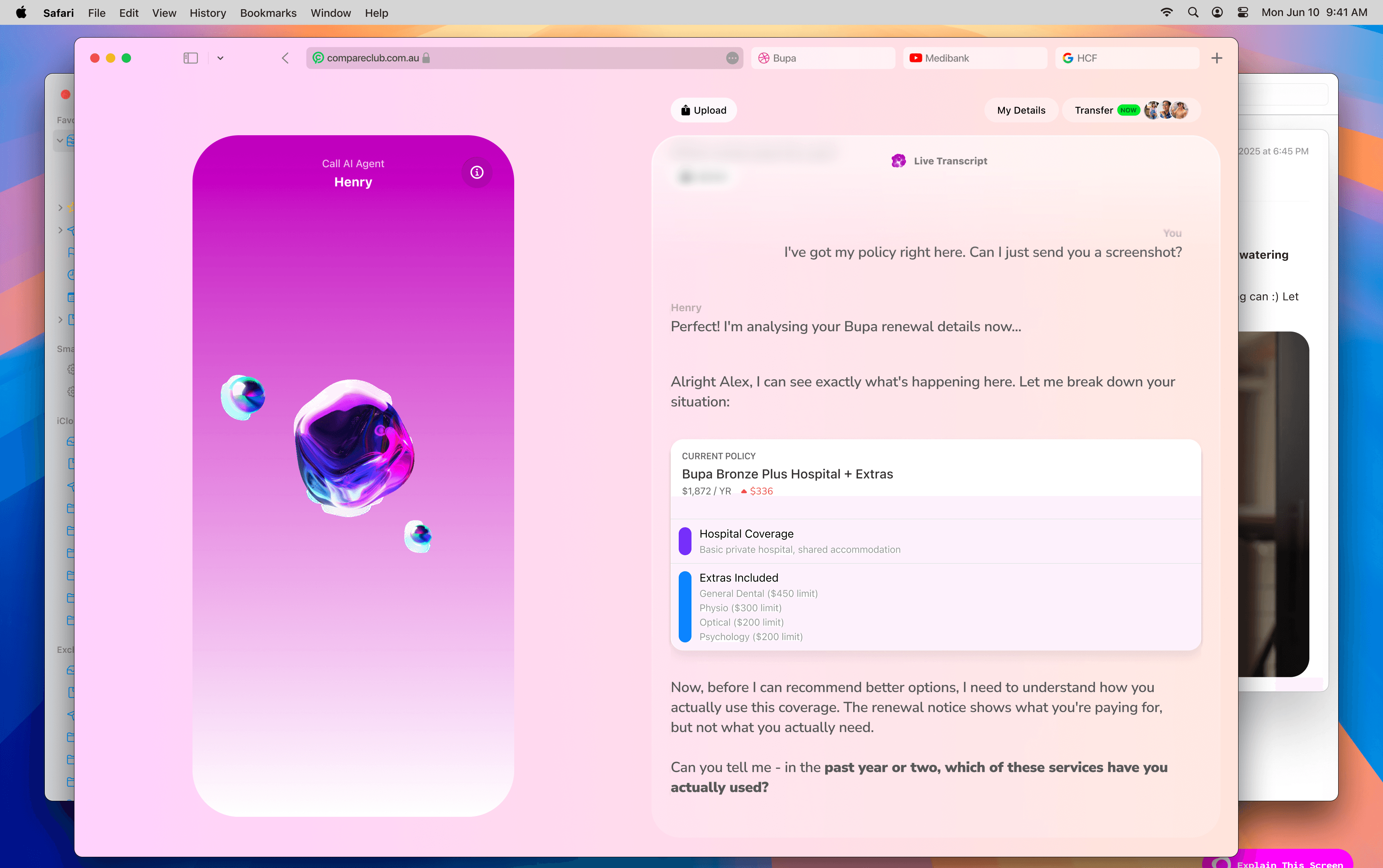 Text and voice-to-chat interface showing the AI agent analysing a user's Bupa policy, with live transcript and current policy breakdown