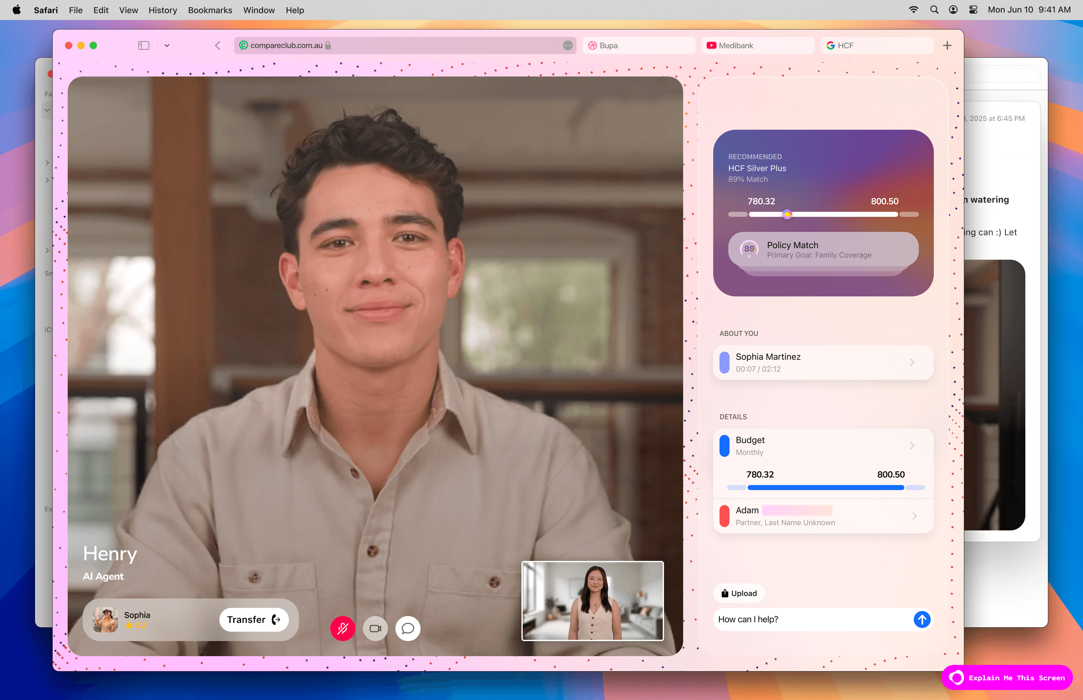 AI avatar advisory session showing Henry the AI agent in conversation, with dynamic contextual cards displaying policy match, budget, and customer profile
