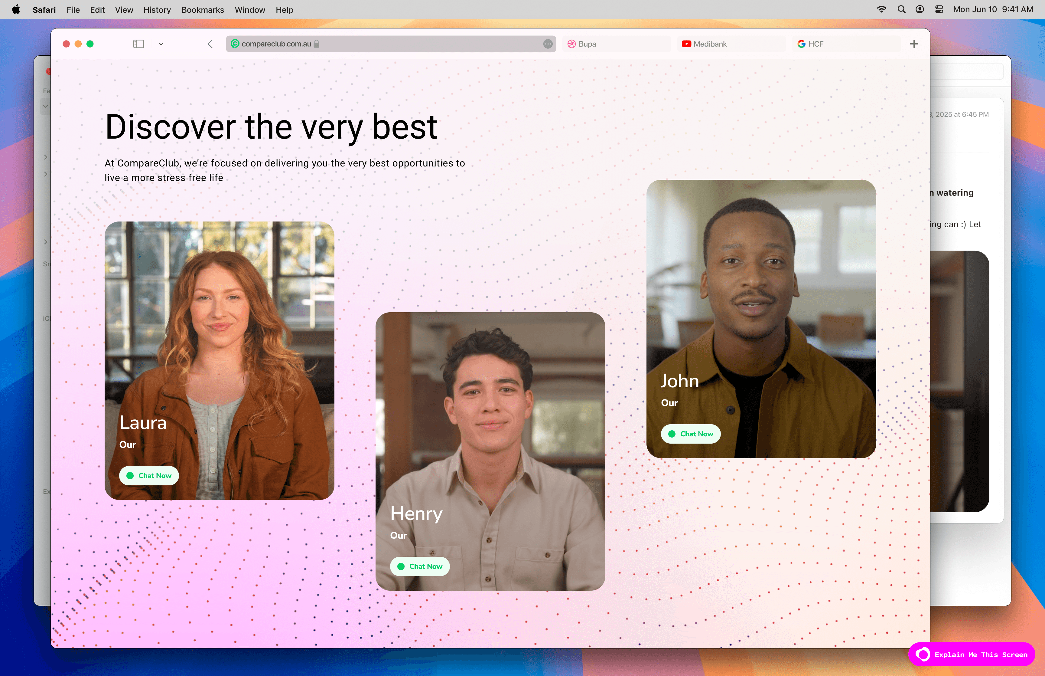 POC agent selection screen showing three AI advisers -- Laura, Henry, and John -- with pink styling to prevent premature productisation
