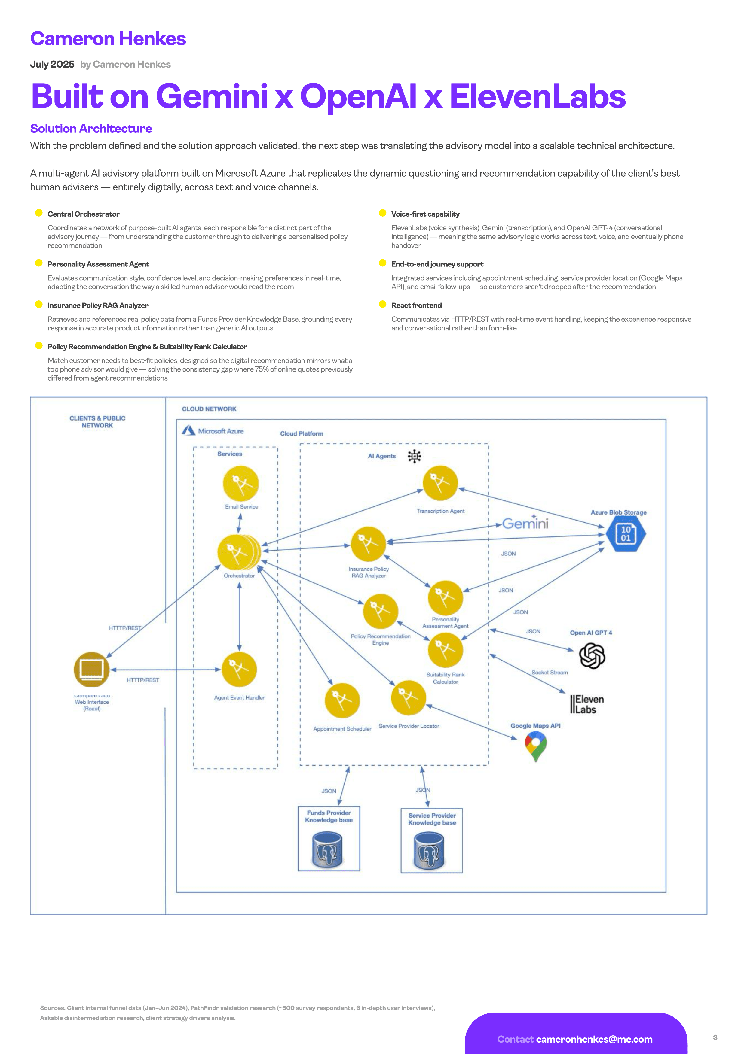 Multi-agent system architecture on Microsoft Azure showing the Central Orchestrator, specialised AI agents, and integration points