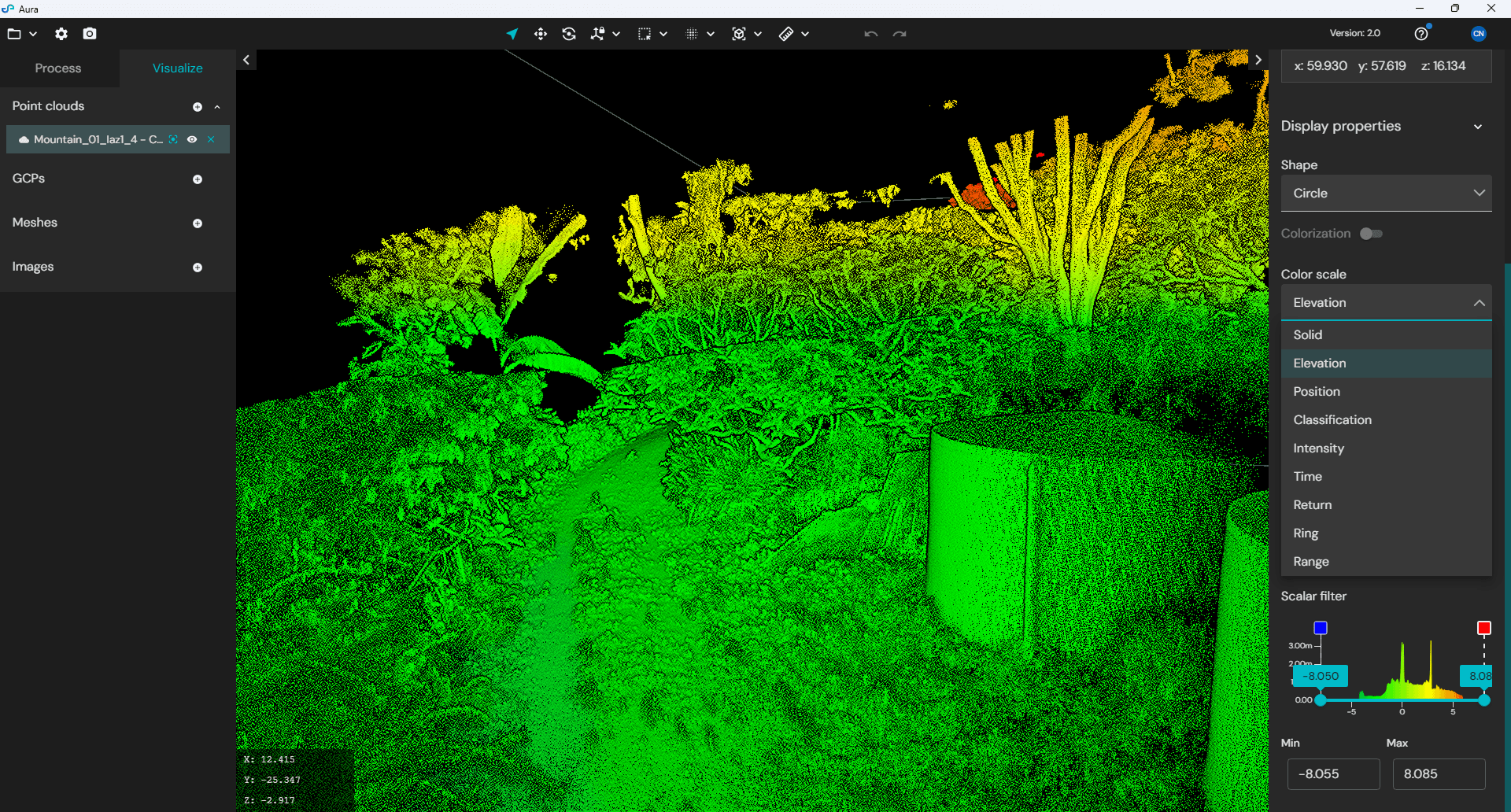 Aura desktop application showing the Visualize tab with colorization options, scalar filters, and display property panels
