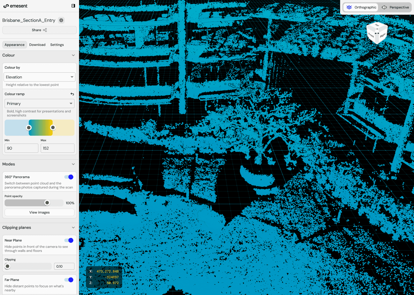 Omnimap Aura Cloud platform showing a point cloud with colour-by-elevation, panorama modes, and clipping plane controls
