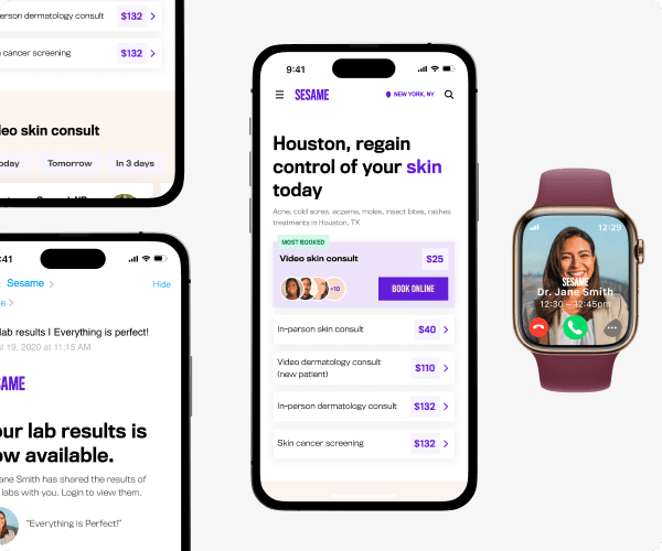 Sesame healthcare marketplace compilation showing key screens