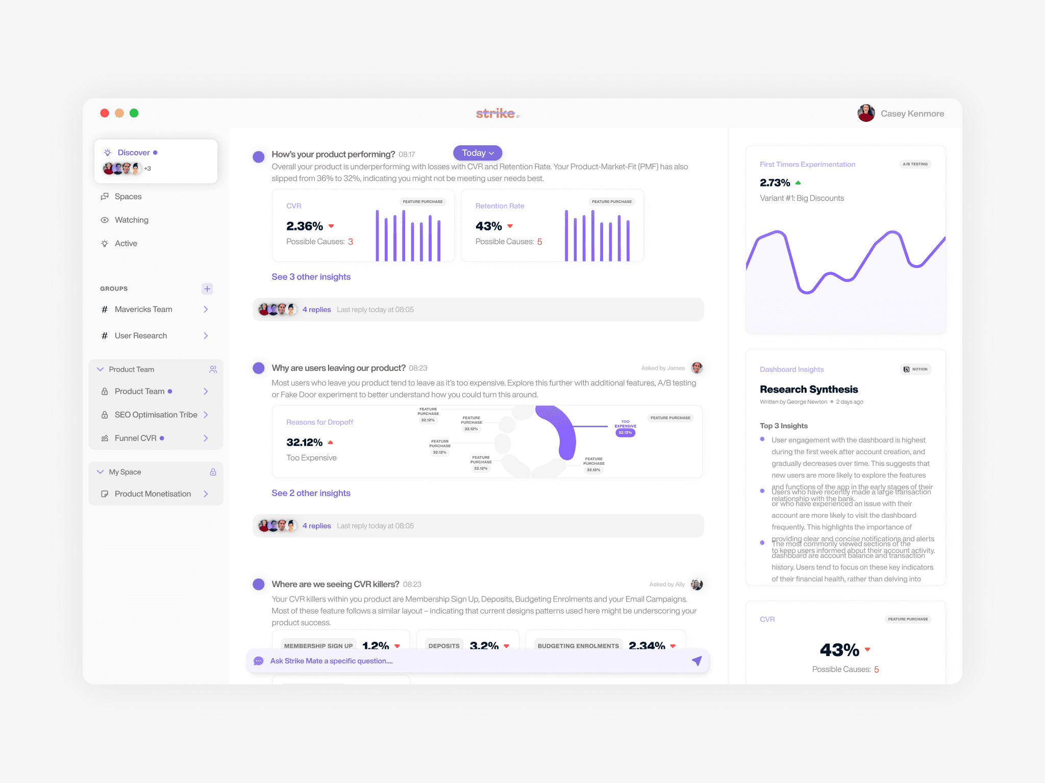 Phase 1 user research framework showing interview insights and data synthesis