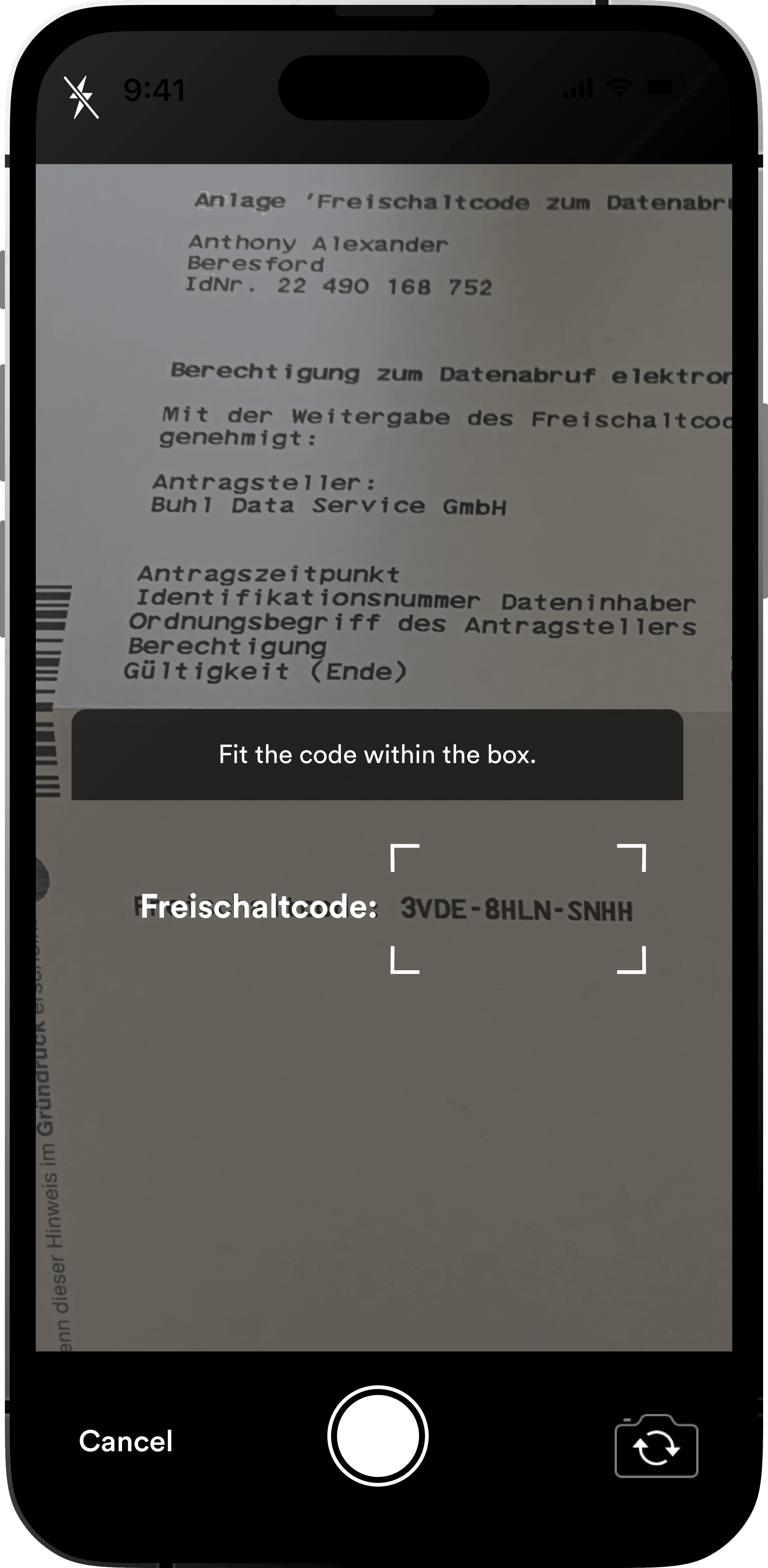 Screen 5: User scanning received code